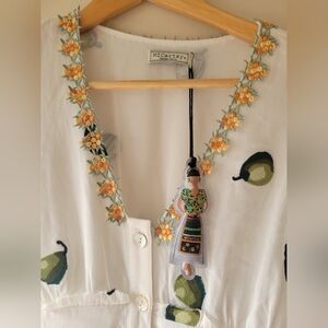 MiCartsy White Embroidered Button-Front Top with Yellow Floral Trim